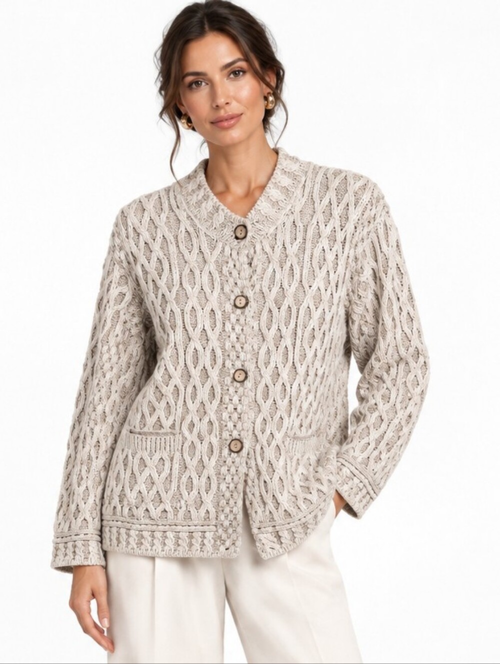 Kilronan Knitwear Ireland Merino Wool Aran Cable Knit Cardigan Wooden Buttons L